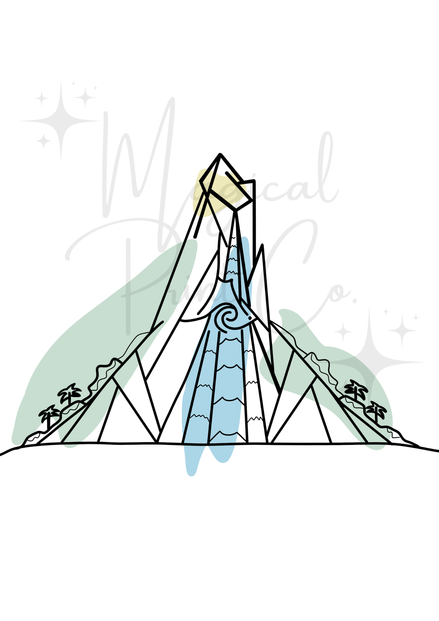 A minimalist line drawing of Volcano Bay’s Krakatau volcano in soft blacks, whites, and creams, with simple yet bold lines and abstract shapes.