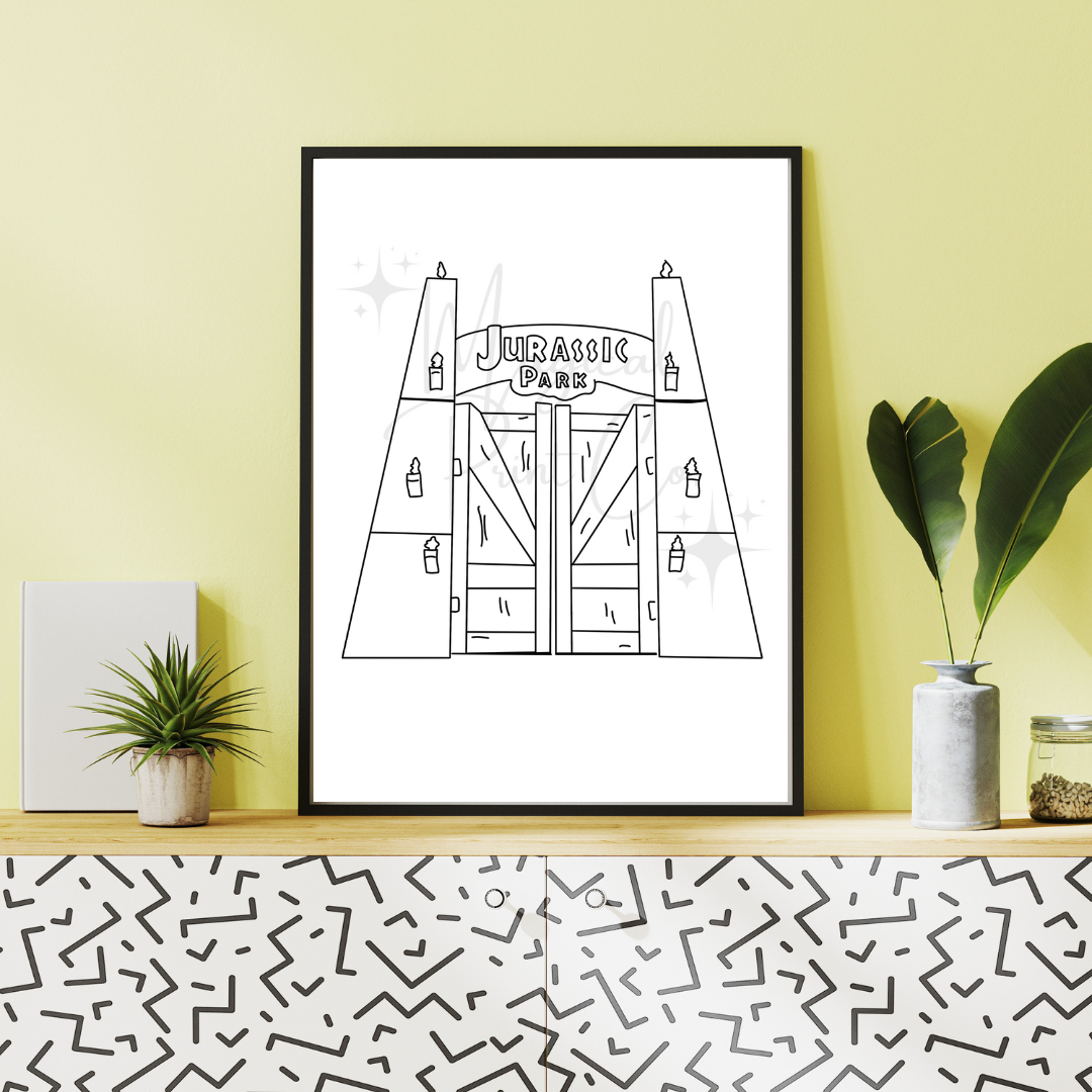 Black and white hand-drawn line illustration of the Jurassic Park entrance gates, featuring tall columns and the iconic arched sign above.