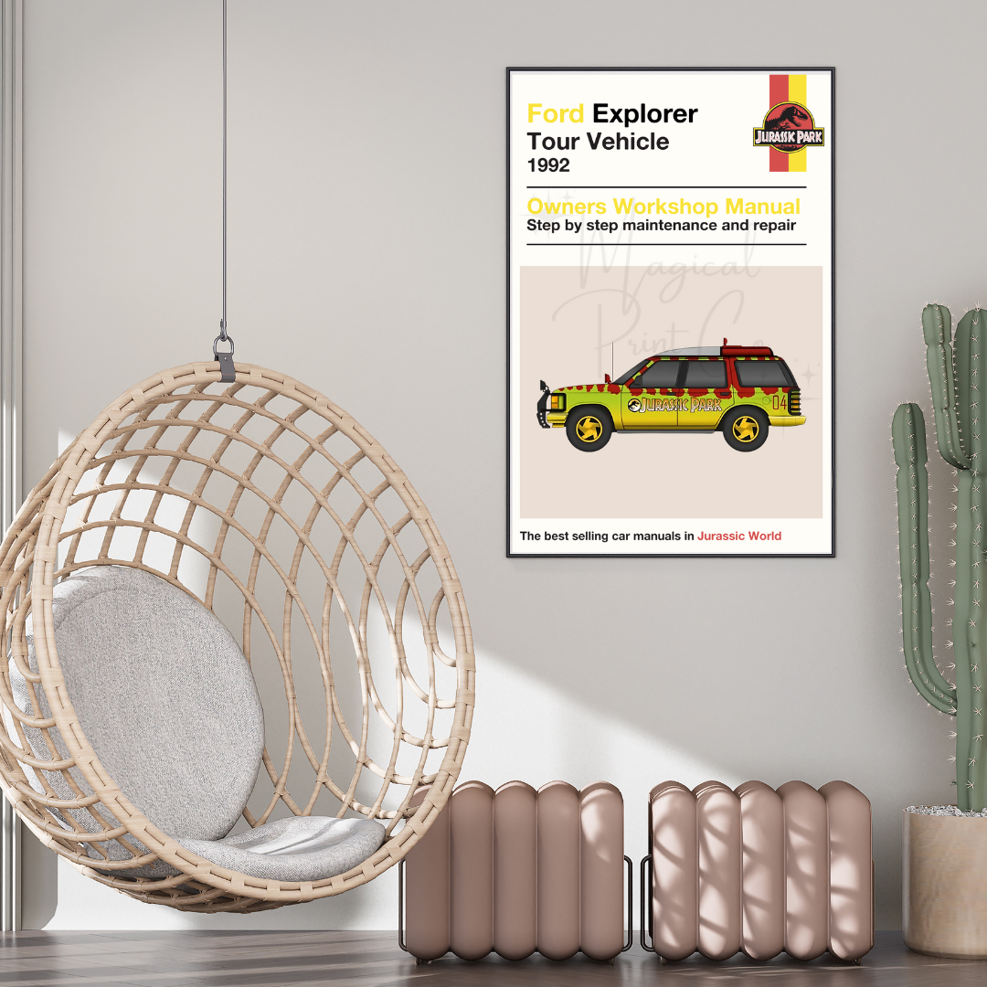 Illustrated Haynes-style manual cover featuring the Jurassic Park Ford Explorer, designed with vintage technical drawing details and Jurassic-themed graphics.