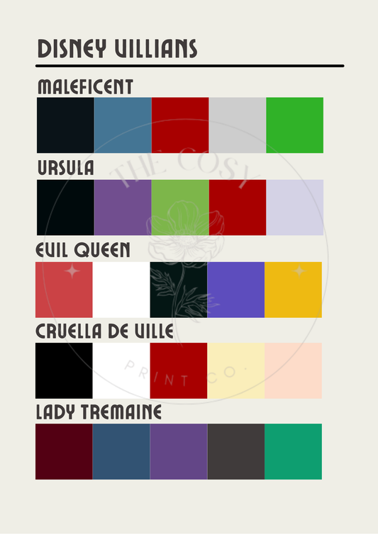 A colour swatch art print inspired by Disney Villains, featuring bold and dark hues arranged in a clean, grid-style layout.