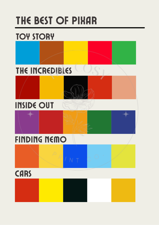 A colourful swatch-style print featuring shades inspired by Pixar characters, arranged in a neat, grid-style layout.