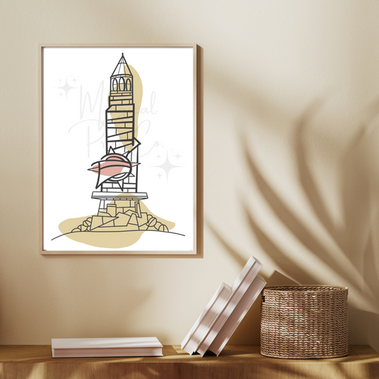 A hand-drawn abstract line illustration of the Pharos Lighthouse at the entrance of Islands of Adventure, created in a minimalist style using black, cream, and white tones.
