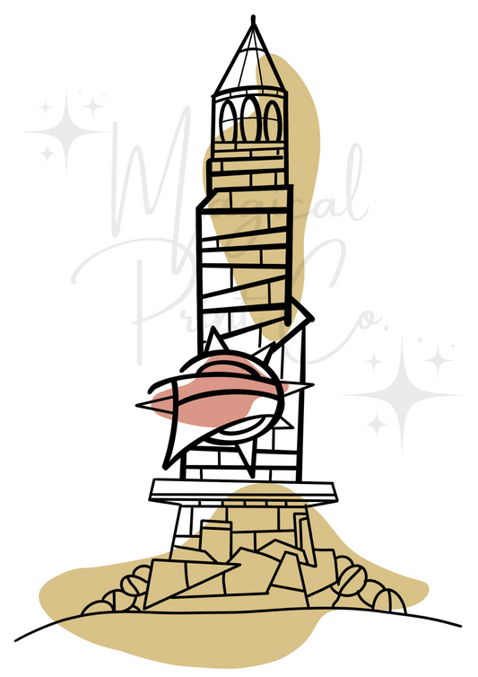 A hand-drawn abstract line illustration of the Pharos Lighthouse at the entrance of Islands of Adventure, created in a minimalist style using black, cream, and white tones.