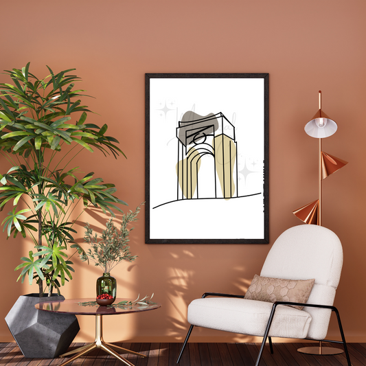 A hand-drawn abstract line illustration of the Universal Studios entrance archway, using a minimal palette of black, cream, and white.

