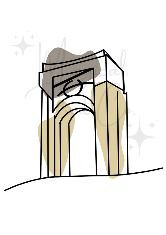 A hand-drawn abstract line illustration of the Universal Studios entrance archway, using a minimal palette of black, cream, and white.

