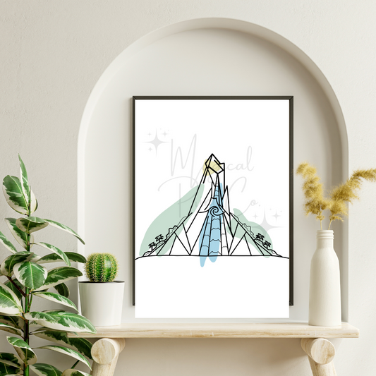 A minimalist line drawing of Volcano Bay’s Krakatau volcano in soft blacks, whites, and creams, with simple yet bold lines and abstract shapes.