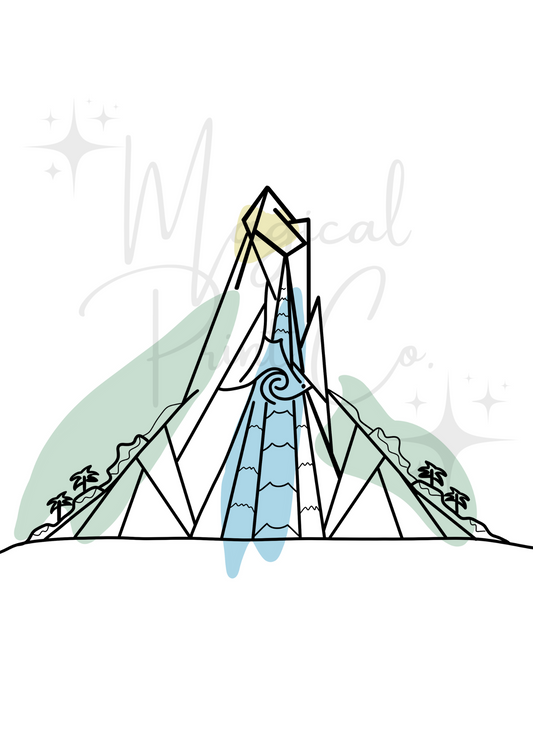 A minimalist line drawing of Volcano Bay’s Krakatau volcano in soft blacks, whites, and creams, with simple yet bold lines and abstract shapes.