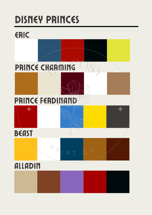 A modern colour swatch print inspired by the signature shades of Disney Princes, displayed in a neat, minimalist grid.

