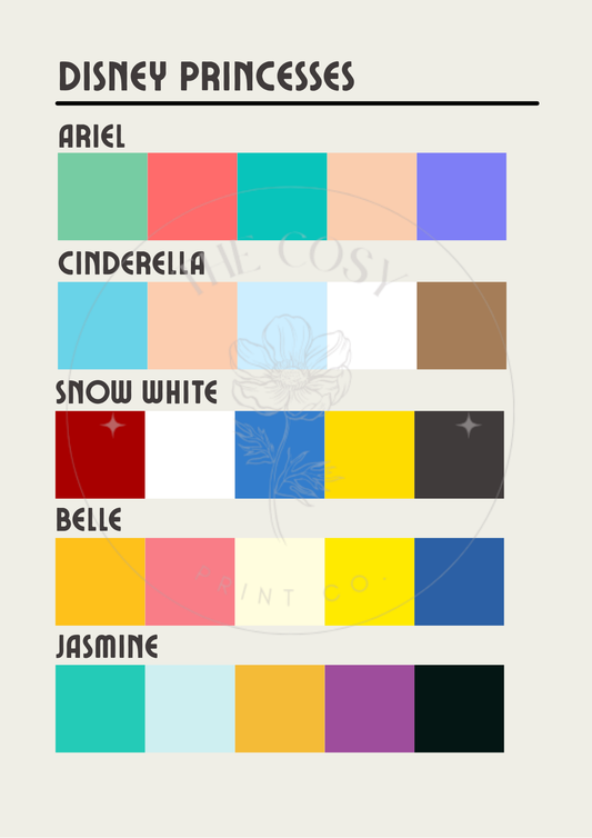 A pastel-toned art print with rectangular swatches inspired by the signature colours of Disney Princesses, arranged in a minimalist grid style.