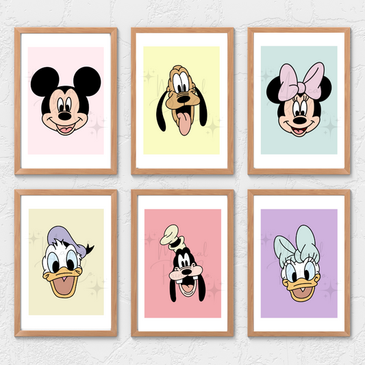 A series of six brightly coloured hand-drawn portraits featuring Mickey Mouse, Minnie Mouse, Donald Duck, Daisy Duck, Goofy, and Pluto, each in their classic style.