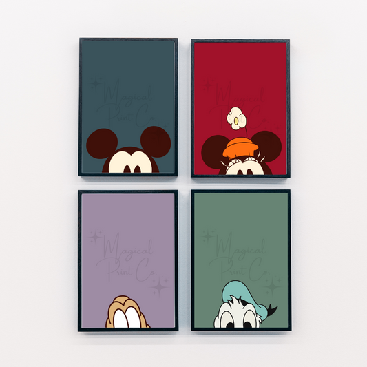 A set of four colourful prints showing Mickey, Minnie, Donald, and Pluto peeking up from the bottom edge. Each character is in full colour with a bold background (red, pink, blue, yellow).