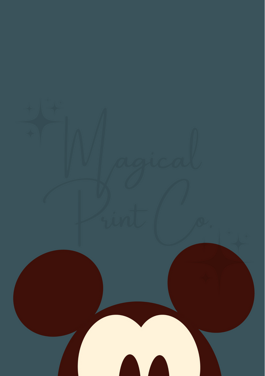 A set of four colourful prints showing Mickey, Minnie, Donald, and Pluto peeking up from the bottom edge. Each character is in full colour with a bold background (red, pink, blue, yellow).