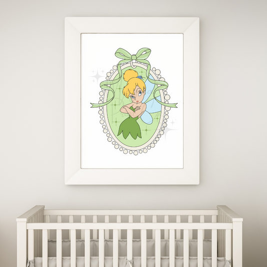 A soft, pastel-toned hand-drawn portrait of Tinker Bell, featuring her blonde bun, green dress, delicate fairy wings, and a playful expression in a dreamy illustration style.