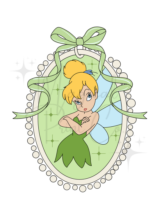 A soft, pastel-toned hand-drawn portrait of Tinker Bell, featuring her blonde bun, green dress, delicate fairy wings, and a playful expression in a dreamy illustration style.