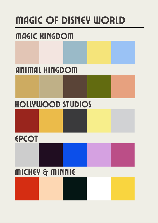 A swatch-style art print featuring colours inspired by the four Walt Disney World parks, with Mickey and Minnie silhouettes at the bottom.

