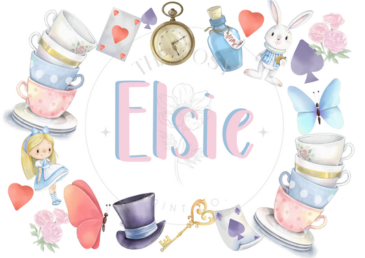 Alice in Wonderland-style name print with whimsical details and pastel colours
