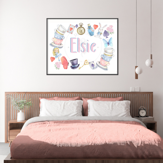 Alice in Wonderland-style name print with whimsical details and pastel colours