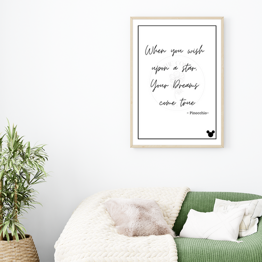 Black and white Disney quote print reading When You Wish Upon a Star