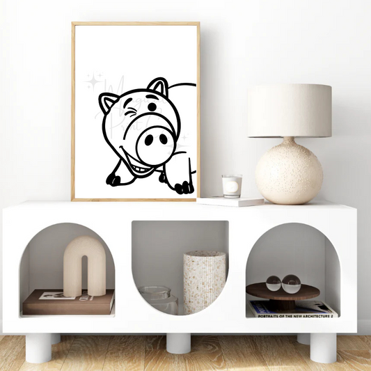 Black and white hand-drawn illustration of Hamm the piggy bank from Toy Story, minimalist style with clean lines.