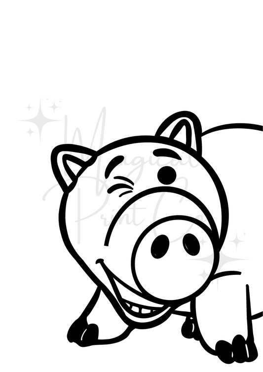 Black and white hand-drawn illustration of Hamm the piggy bank from Toy Story, minimalist style with clean lines.