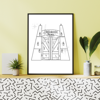 Black and white hand-drawn line illustration of the Jurassic Park entrance gates, featuring tall columns and the iconic arched sign above.