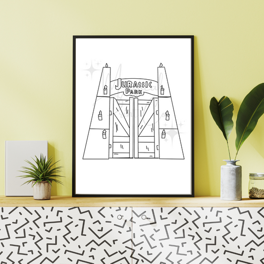 Black and white hand-drawn line illustration of the Jurassic Park entrance gates, featuring tall columns and the iconic arched sign above.