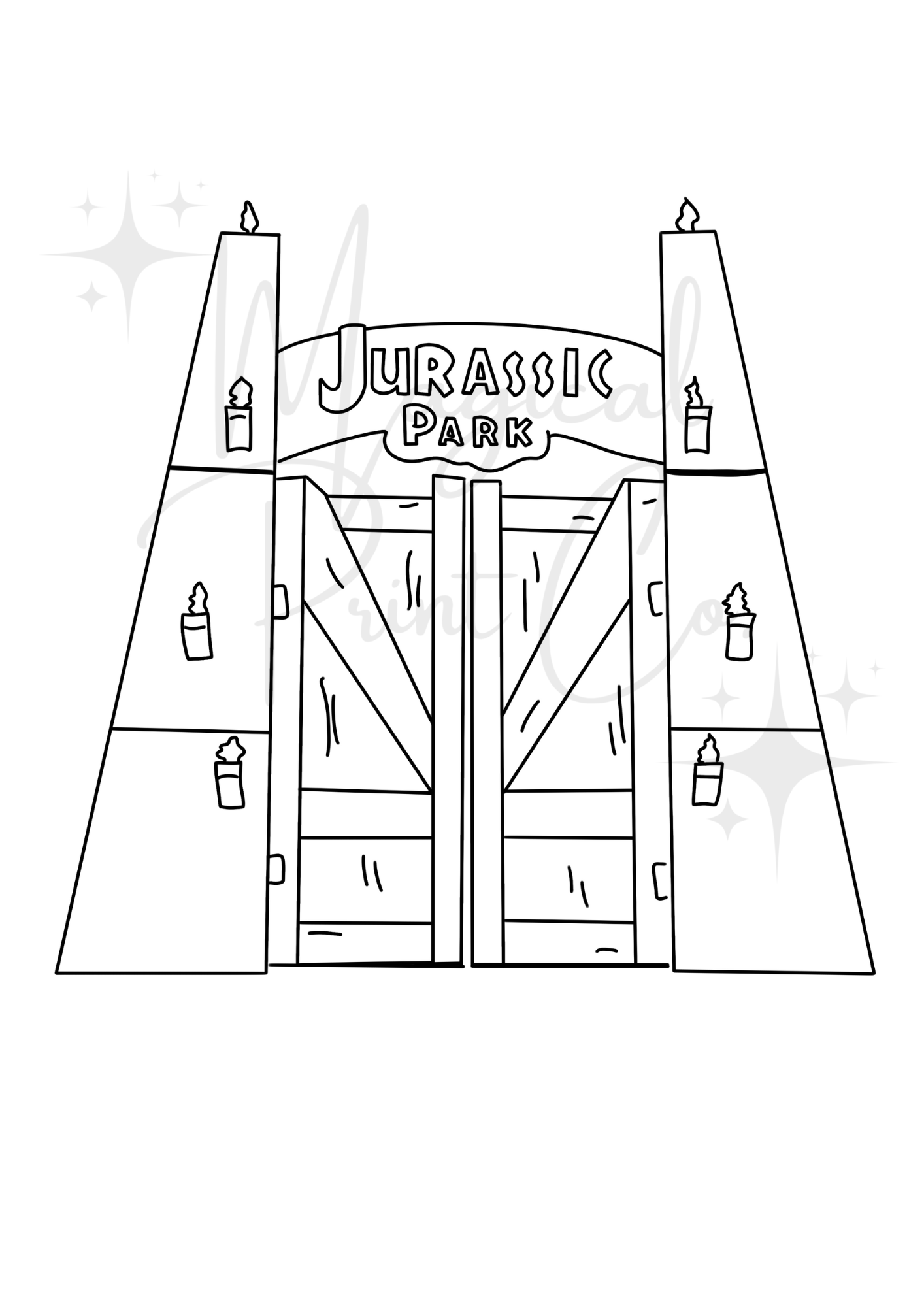 Black and white hand-drawn line illustration of the Jurassic Park entrance gates, featuring tall columns and the iconic arched sign above.