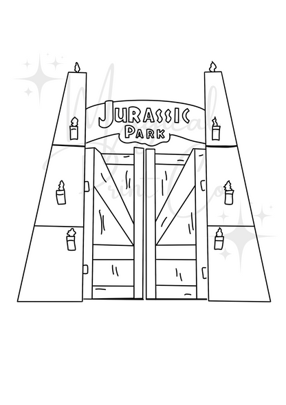 Black and white hand-drawn line illustration of the Jurassic Park entrance gates, featuring tall columns and the iconic arched sign above.