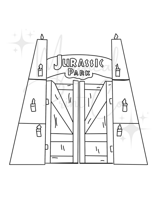 Black and white hand-drawn line illustration of the Jurassic Park entrance gates, featuring tall columns and the iconic arched sign above.