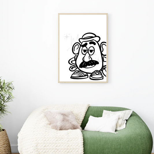 Black and white hand-drawn minimalist illustration of Mr. Potato Head from Toy Story, with clean, simple lines.