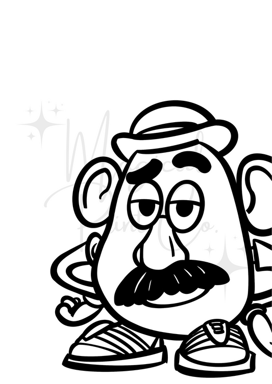 Black and white hand-drawn minimalist illustration of Mr. Potato Head from Toy Story, with clean, simple lines.