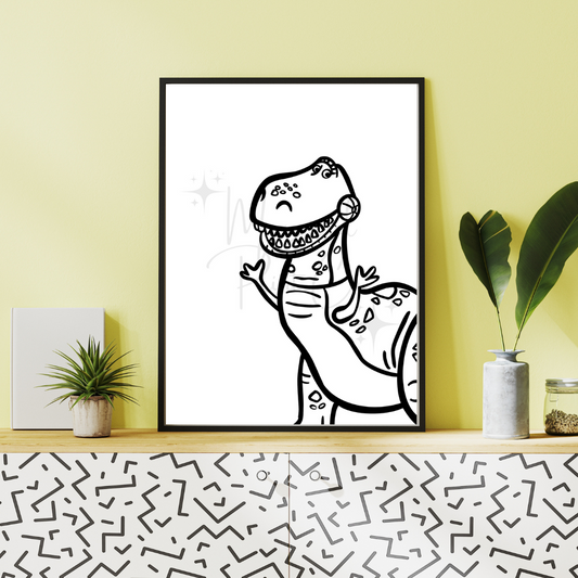Black and white minimalist hand-drawn illustration of Rex the dinosaur from Toy Story, featuring clean lines and friendly details.
