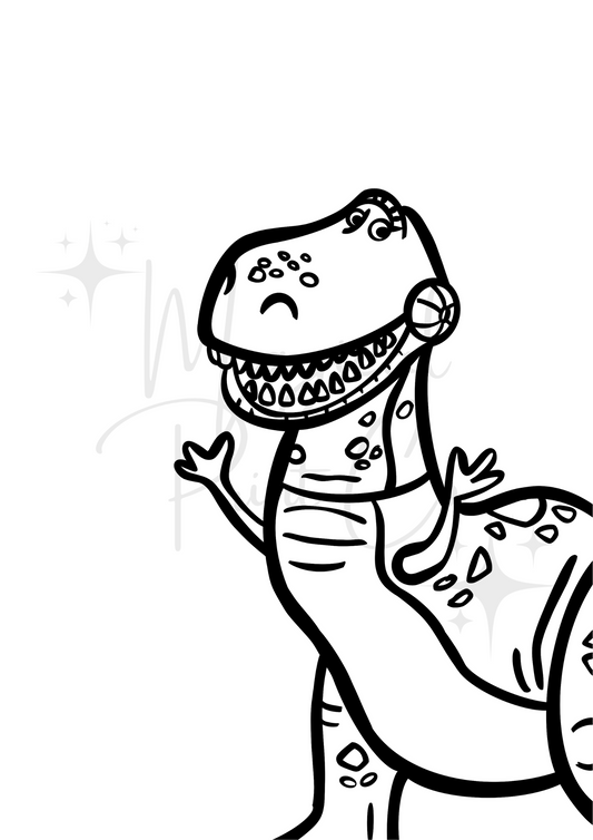 Black and white minimalist hand-drawn illustration of Rex the dinosaur from Toy Story, featuring clean lines and friendly details.