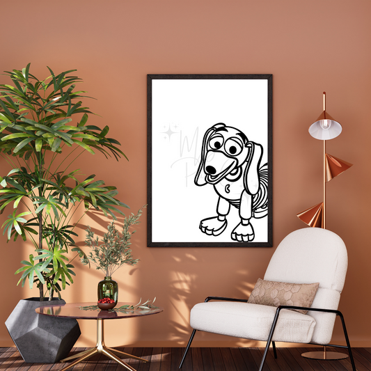 Black and white minimalist hand-drawn illustration of Slinky Dog from Toy Story, featuring clean lines and playful details.