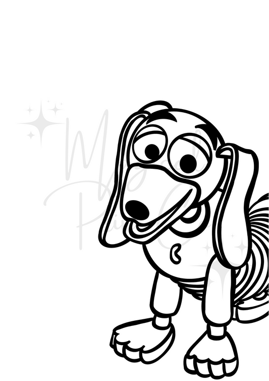 Black and white minimalist hand-drawn illustration of Slinky Dog from Toy Story, featuring clean lines and playful details.