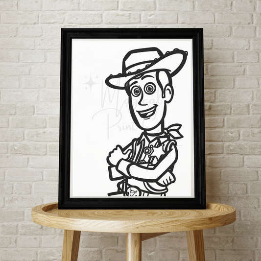 Black and white minimalist hand-drawn illustration of Woody from Toy Story, featuring clean lines and classic cowboy details.