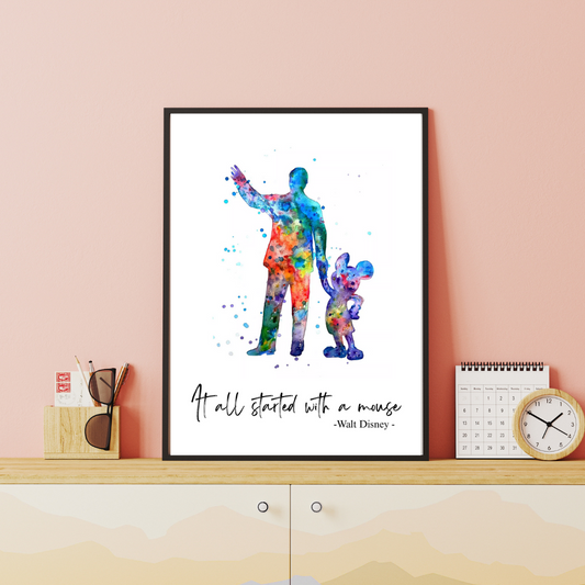 Colourful water splash art print featuring Mickey Mouse and the quote "It all started with a mouse" in bold lettering.