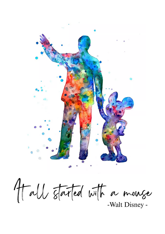 Colourful water splash art print featuring Mickey Mouse and the quote "It all started with a mouse" in bold lettering.