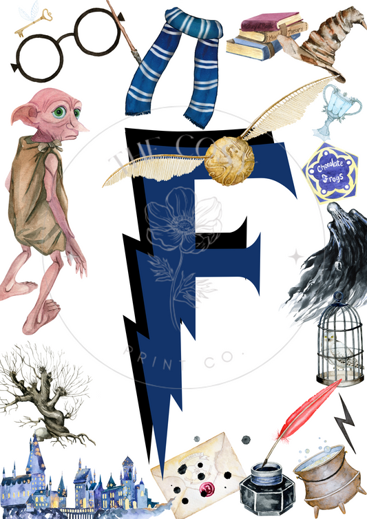 Custom initial print in Hogwarts style with name and house colours