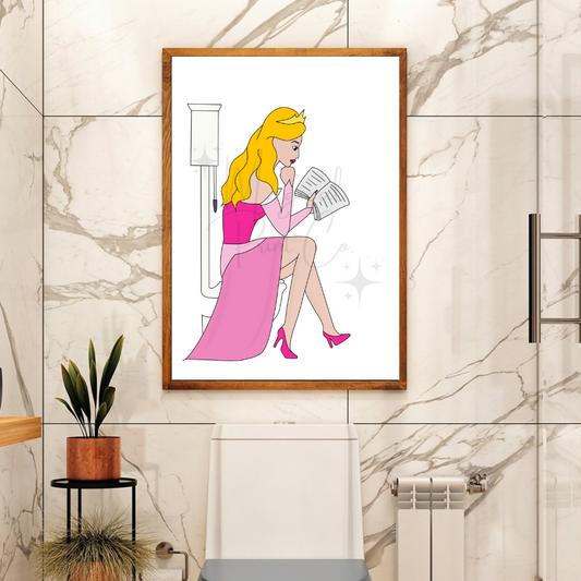 Cute hand-drawn illustration of Aurora sitting on a toilet in a pastel pink bathroom, wearing her signature pink gown with a serene expression.