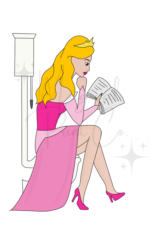 Cute hand-drawn illustration of Aurora sitting on a toilet in a pastel pink bathroom, wearing her signature pink gown with a serene expression.