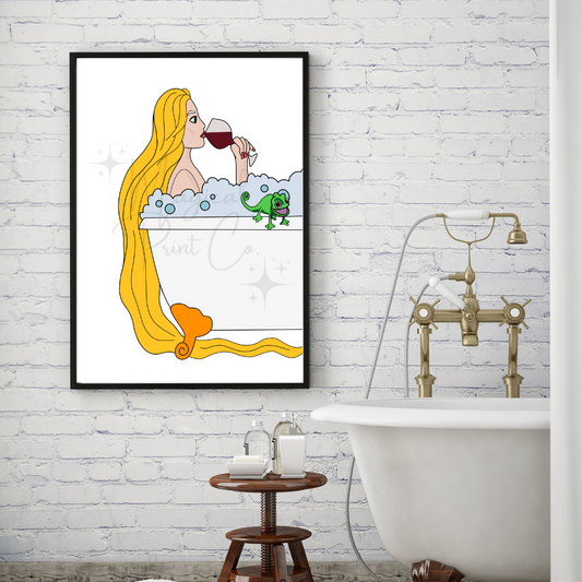 Cute hand-drawn illustration of Rapunzel relaxing in a bubble bath, surrounded by floating lanterns and soft candlelight in a pastel-toned bathroom.