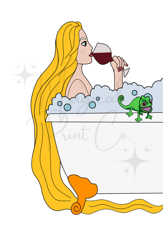 Cute hand-drawn illustration of Rapunzel relaxing in a bubble bath, surrounded by floating lanterns and soft candlelight in a pastel-toned bathroom.