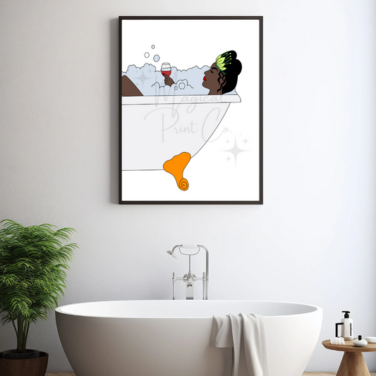 Cute hand-drawn illustration of Tiana relaxing in a bubble bath, holding a glass of wine, surrounded by soft steam and glowing candles in a pastel bathroom.