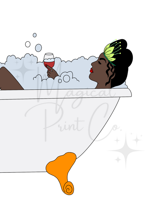 Cute hand-drawn illustration of Tiana relaxing in a bubble bath, holding a glass of wine, surrounded by soft steam and glowing candles in a pastel bathroom.