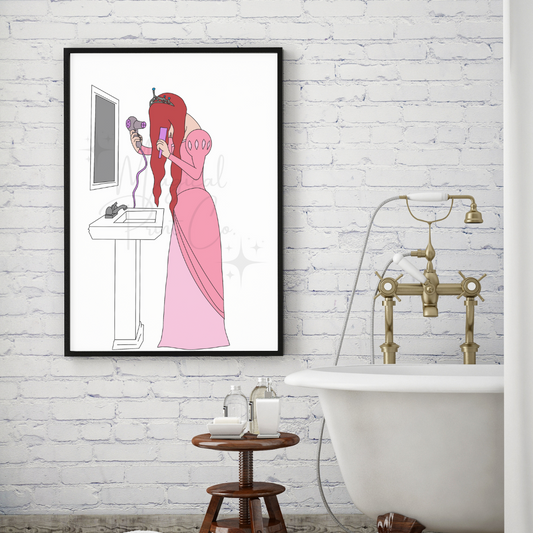 Cute hand-drawn print of Ariel from The Little Mermaid drying her red hair in front of a mirror, wrapped in a towel in a pastel-toned bathroom.