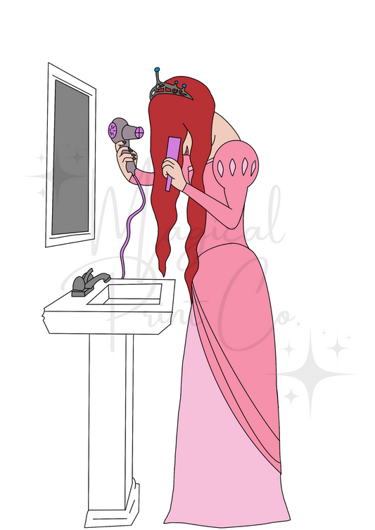 Cute hand-drawn print of Ariel from The Little Mermaid drying her red hair in front of a mirror, wrapped in a towel in a pastel-toned bathroom.