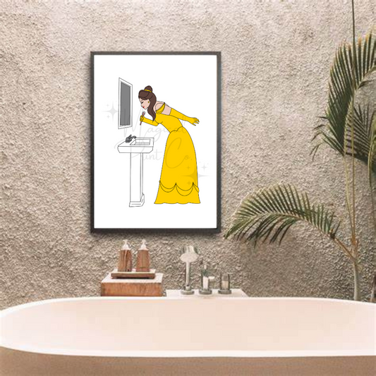 Cute illustration of Belle from Beauty and the Beast brushing her teeth in a pastel-toned bathroom, hair in a bun, with a cosy morning vibe.

