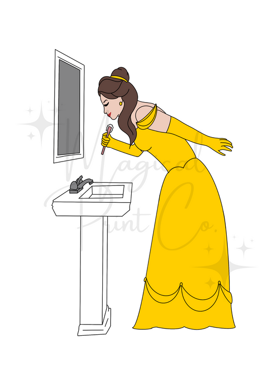 Cute illustration of Belle from Beauty and the Beast brushing her teeth in a pastel-toned bathroom, hair in a bun, with a cosy morning vibe.

