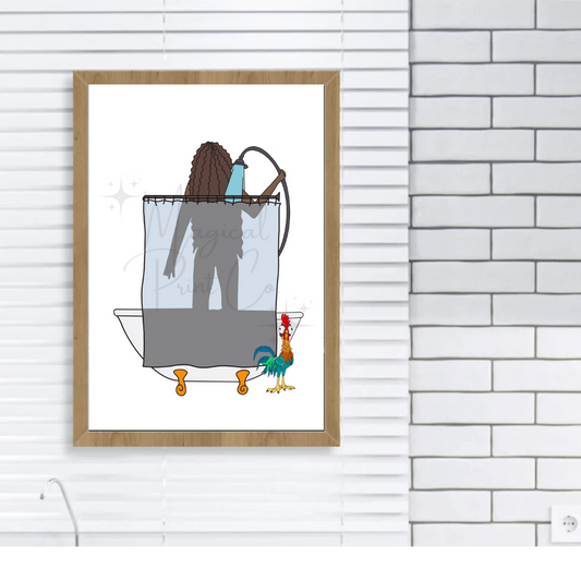 Cute illustration of Moana in the shower with her hair full of bubbles, steam in the background, and Hei Hei sitting confused on the bathroom floor.